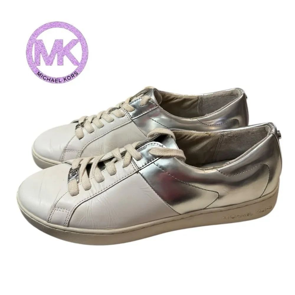 Michael Kors Toby Silver White Leather Contrast Lace Up Tennis Shoes Sneakers 10